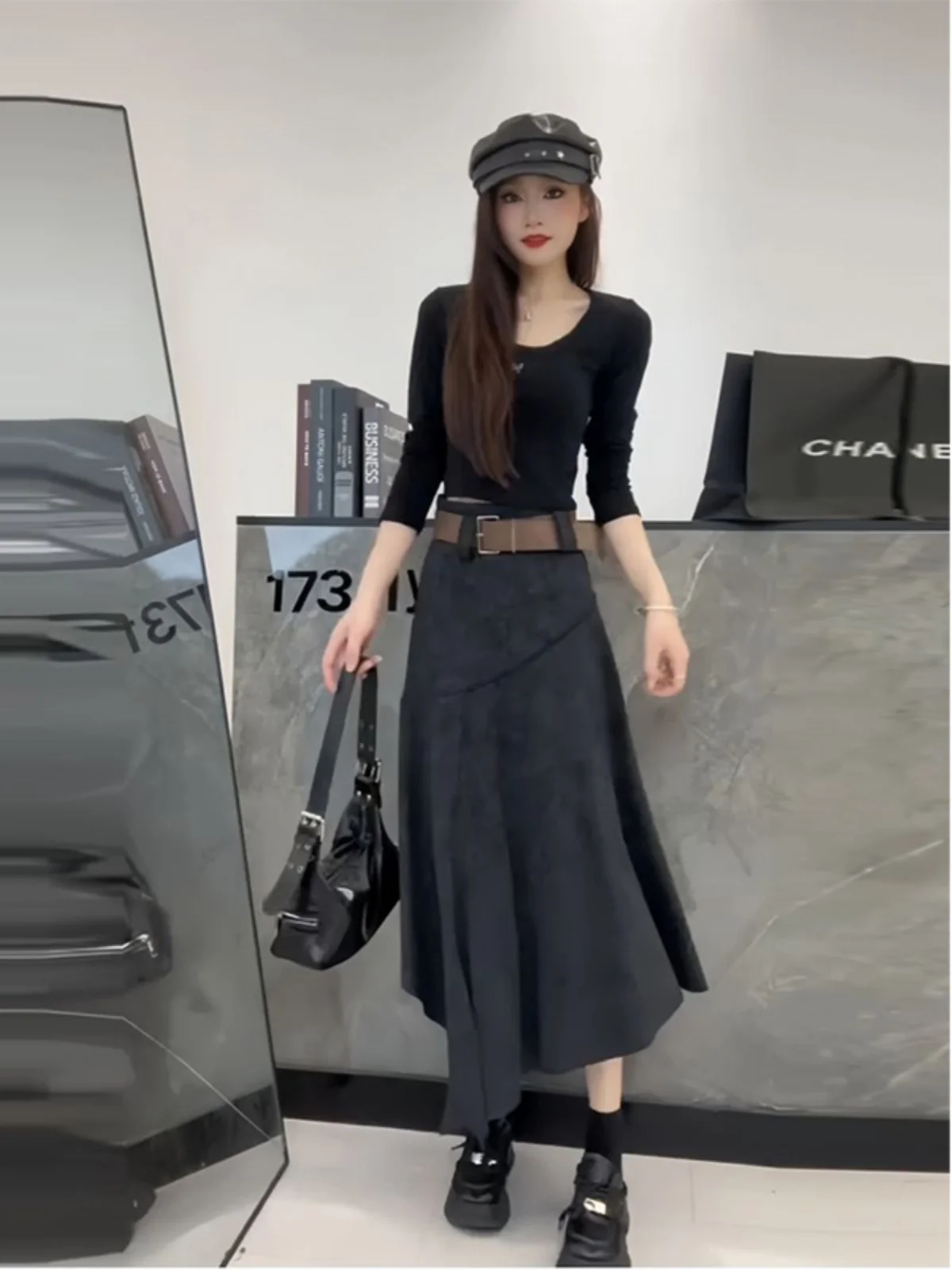 

Spring Faion Women's Long Sve Pleated Slim Fit Top And High Waist Skirt Set Korean Sle Asymmetrical Design Workwear
