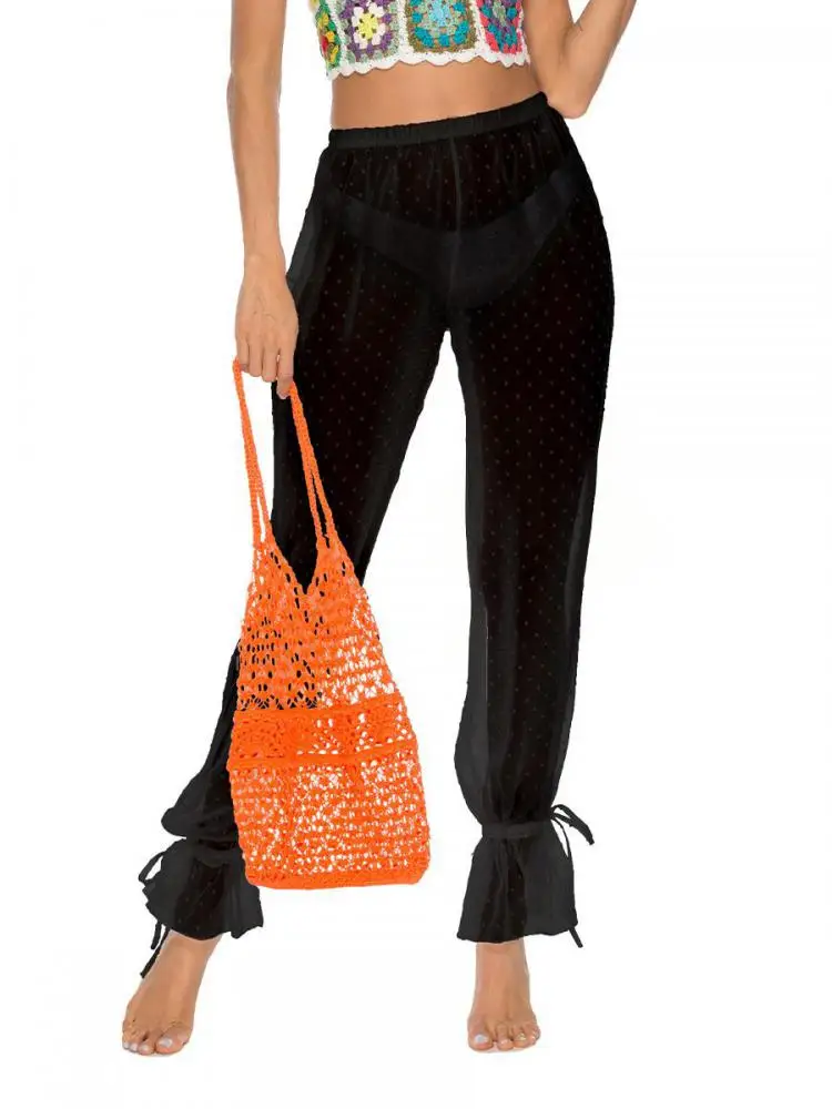 

Korean Fashion Women Black Dot Pleated Trousers 2025 New Summer Elastic High Waist Vacation Beach Lace-up Pant Casual Clothing