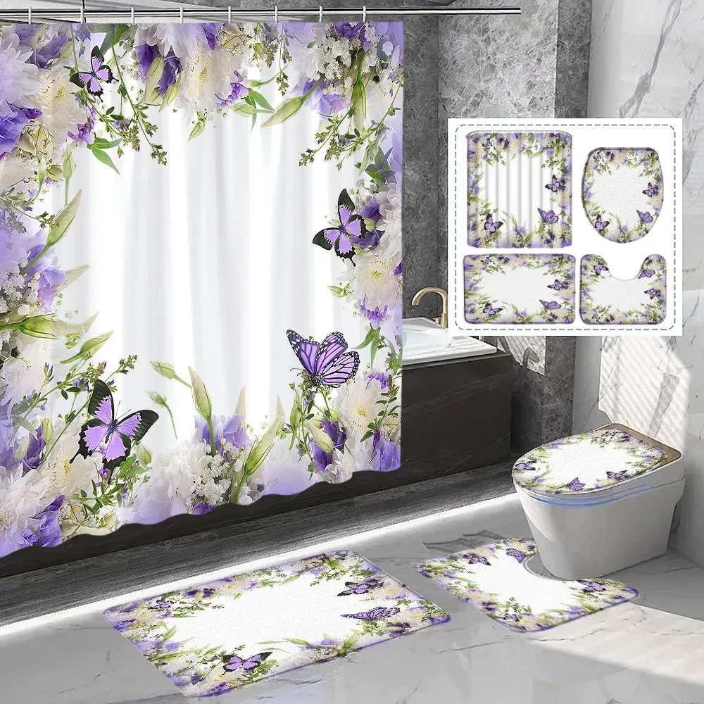 Pretty Floral and Butterfly Shower Curtains Rugs Bathroom Sets Springtime Peaceful Fresh Flower Buds Curtains Mat Bathroom Decor