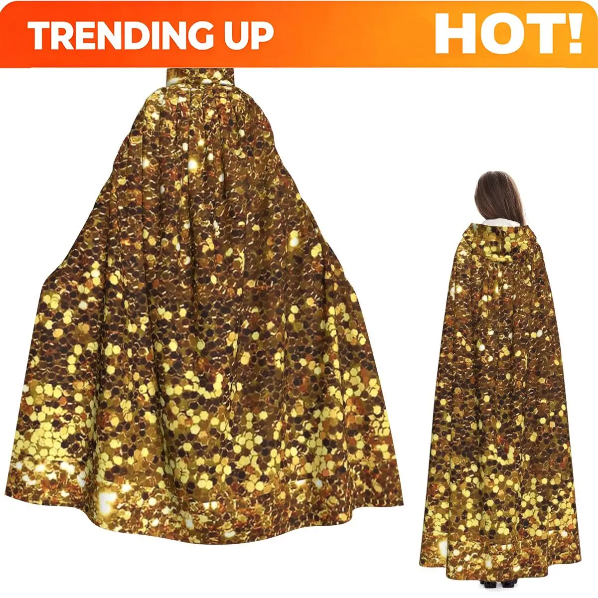 Customization Gold Glitter Long Hooded Cloak Witch Medieval Costume Cosplay Cape HalloweenParty Adult Unisex