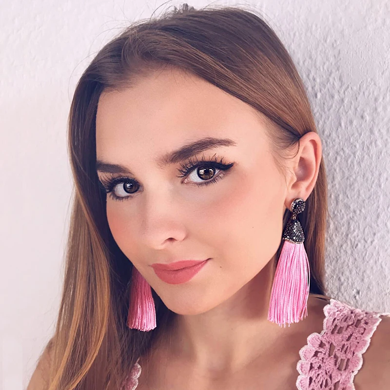 Women Bohemian Crystal Long Tassel Dangle Earrings For Girls Black Red White Silk Fabric Drop Earring Woman Accessories Jewelry