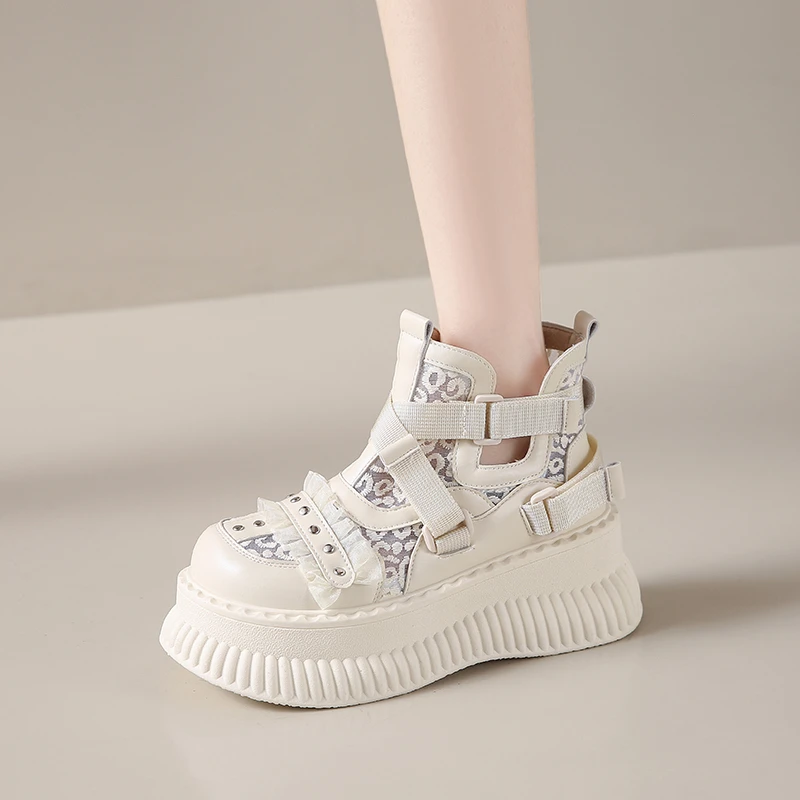 الصنادل النسائية الصيف الرجعية مائة الدانتيل شبكة تنفس سميكة وحيد لباس غير رسمي عالية أعلى أحذية باردة Zapatos De Mujer 2026