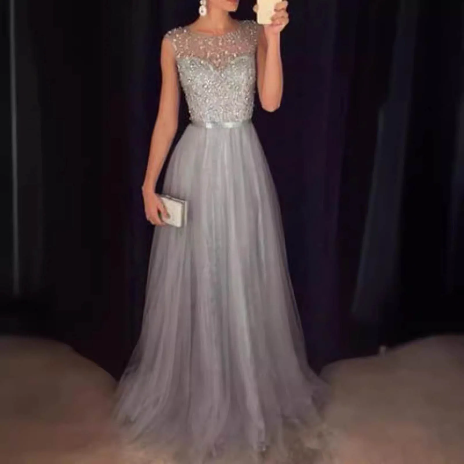 Robe de Soirée Longue en Maille pour Femme, Tenue Formelle Sexy, à Paillettes, Col Rond, Coupe Amincissante, Taille Haute, pour Cocktail