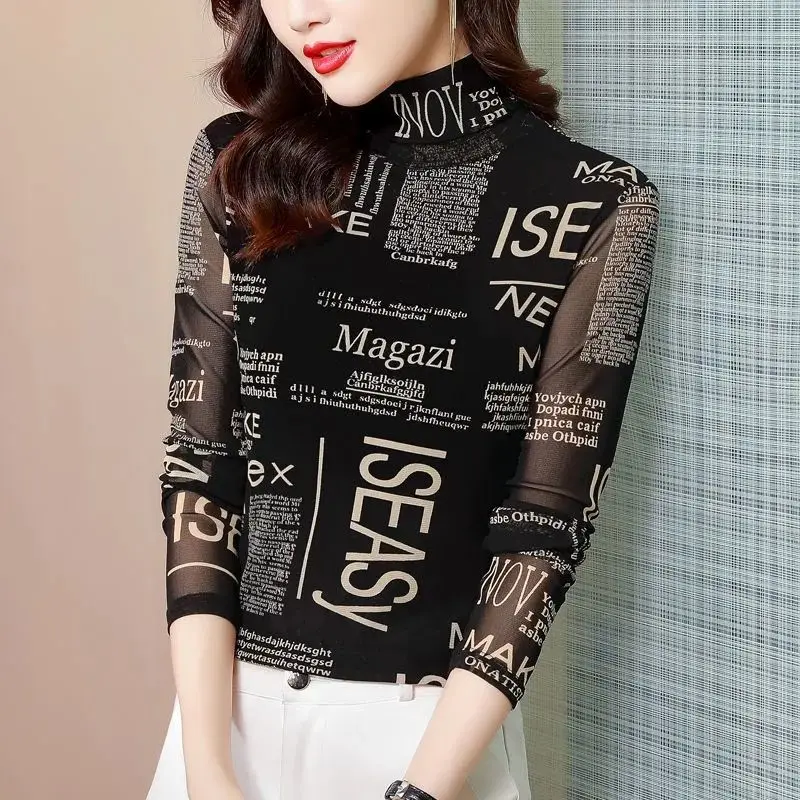 Office Lady Letter Printing Long Sleeve Women\'s Clothing Pullover Half High Collar Plant&Flowers T-shirt Spring Autumn Tops