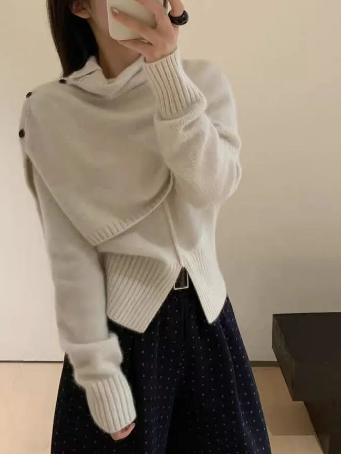 

Korean Sle High Ne Button oulder Casual round Ne Warm Soft Women's Sweater Set Faionable Comfortable Winter Outfit