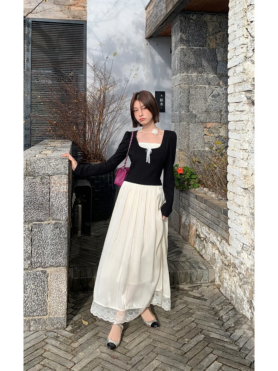 2025 Spring French Hepburn Style Long Dress Bow Tie Collision Splicing Fairy Temperament Dresses