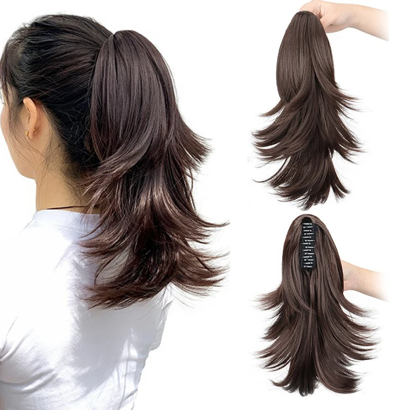 14Inch Synthetic Short Hair Layered Ponytail  Extension Claw Clip in Hair Red Blonde Black Hairpiece for Women
