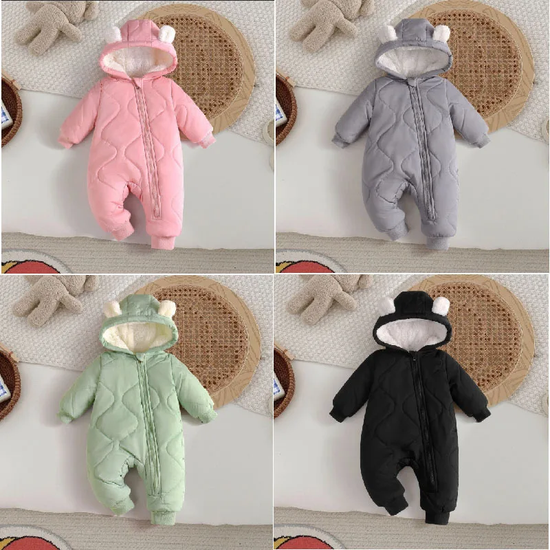 ZOETOPKID Winter Baby Outwear Clothing Fur Lining Warm Toddler Girl's Boy's Rompers Cartoon Bear Infant Jumpsuit