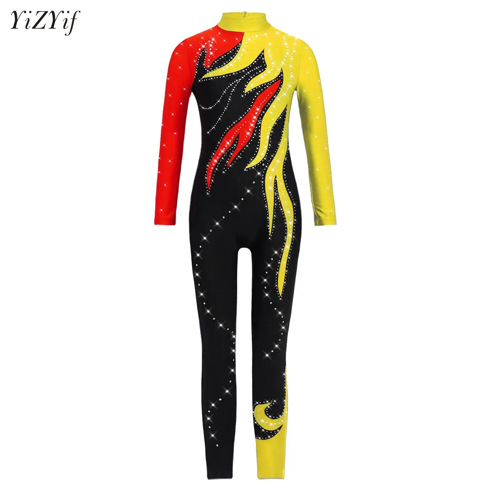 

Kids Girls Color Block Ballet Dance Leotard Figure Skating Gymnastics Jersey Rhinestone Jumpsuit Sheer Mesh Long Sleeve Bodysuit