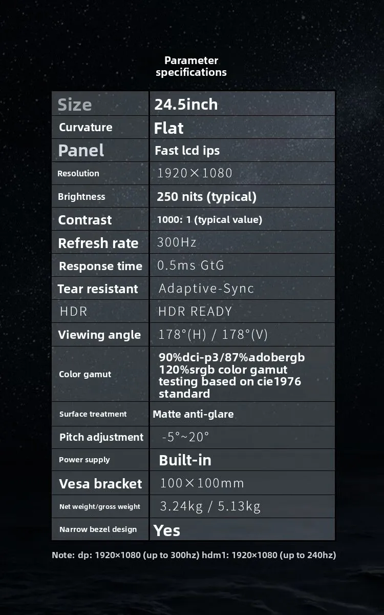 Monitor 1K de 24,5 polegadas 300Hz de alto pincel e-sports display de computador desktop 255XF nova tela