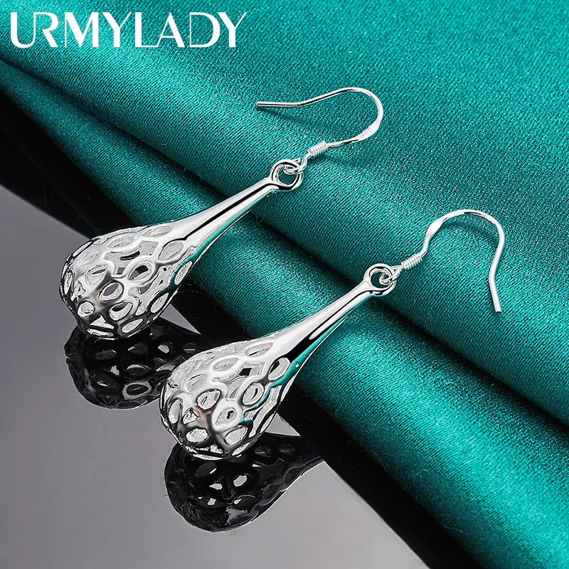 URMYLADY 925 Sterling Silver Hollow Water Drop Earrings Eardrop for Women Fashion Wedding Engagement Charm Jewelry