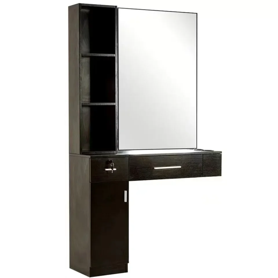 

Hairdressing Mirror Table with Drawer for Barbershop Salon, Barber Shop Furniture in Black Modern, Support Customization