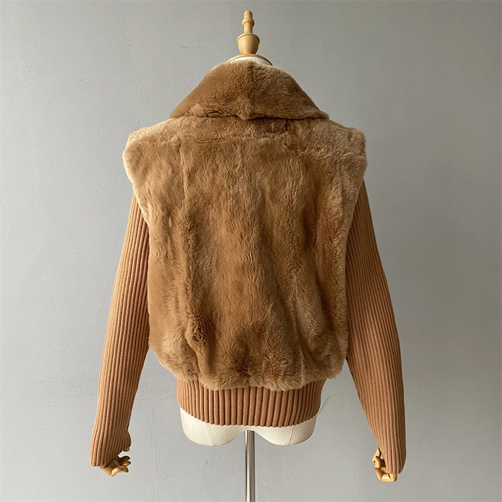 Jxwatcher Real Rex Rabbit Fur Coat for Women 2025 Winter Warm Fur Jacket Knitted Sleeves Can Removable Design New In Outerwear
