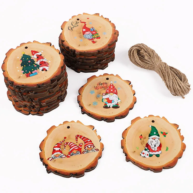 12Pcs Merry Christmas Round Wood Slice Pendants Xmas Tree Hanging Ornament Christmas Party Wood Slice Decorations New Year Gifts