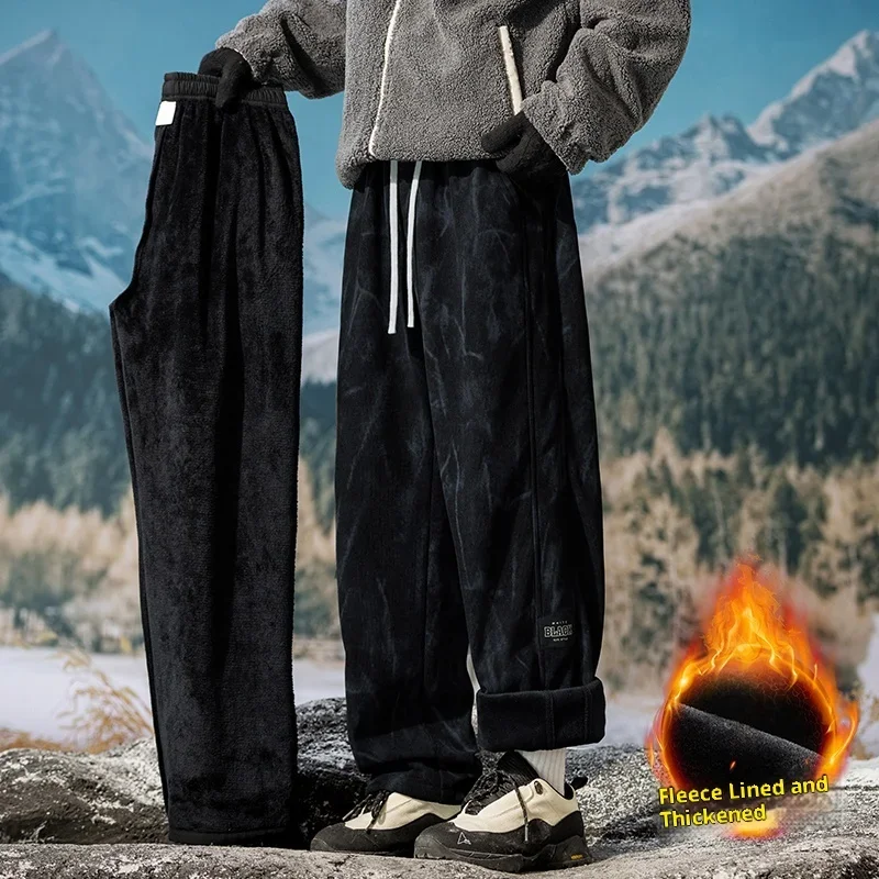 

Winter Men's Tie-Dye Fleece-Lined Pants Elastic Waist Drawstring Wide leg Cargo Pants Men Outdoor Wear Thick Warm Long Trousers