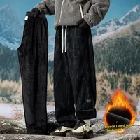 Winter Men's Tie-Dye Fleece-Lined Pants Elastic Waist Drawstring Wide leg Cargo Pants Men Outdoor Wear Thick Warm Long Trousers