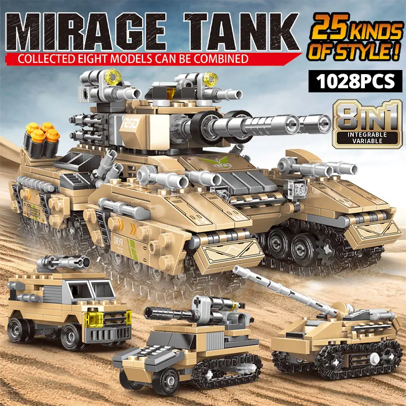 ZKZC WW2 8 in 1 Military The Emperor Tank Assemble Building Block Toy Missile Armored Car Chariot Brick Children Gifts