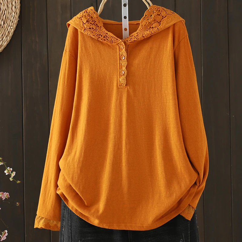 Retro Floral Hook Hat Snowflake Cotton Knit Top Artistic  Color Hoodie T-Shirt Thin Women's T-Shirt Bamboo Fiber