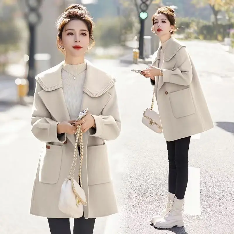 Woolen Coat with Doll Collar for Women, Medium and Long, Full Sleeve, Thick Overcoat, Elegant Top for Lady, Chic Outwear, Autumn