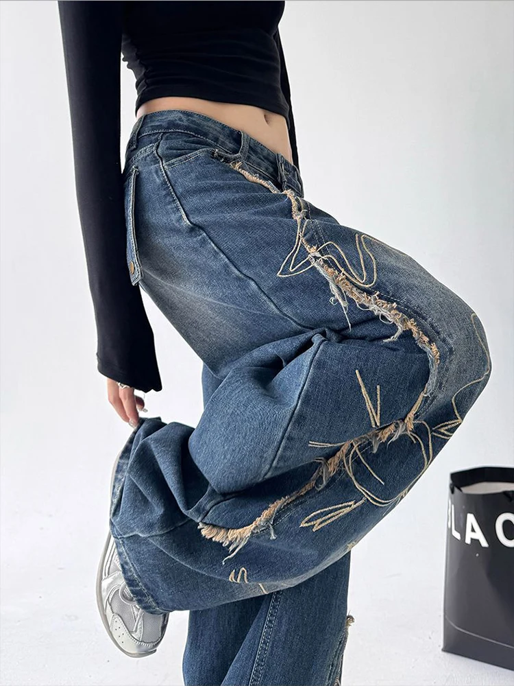 Pantalones vaqueros bordados para mujer, ropa de calle, Vintage, Hip Hop, borde crudo, borlas, Y2K, pantalones vaqueros de otoño, cintura alta, pierna ancha, pantalones cimitarra