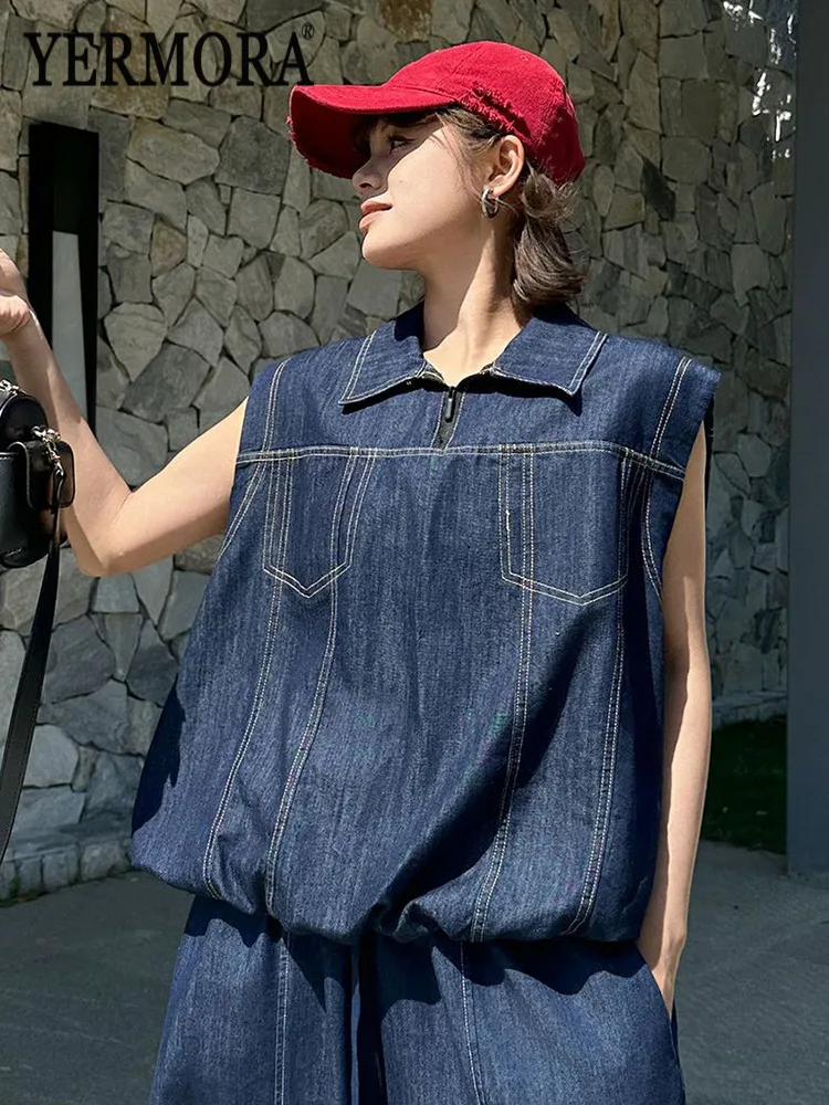 YERMORA Blue Topstitching Big Size Zipper Casual Denim Vest For Women Lapel Loose Fit New Tops Fashion Tide Spring Summer 2026