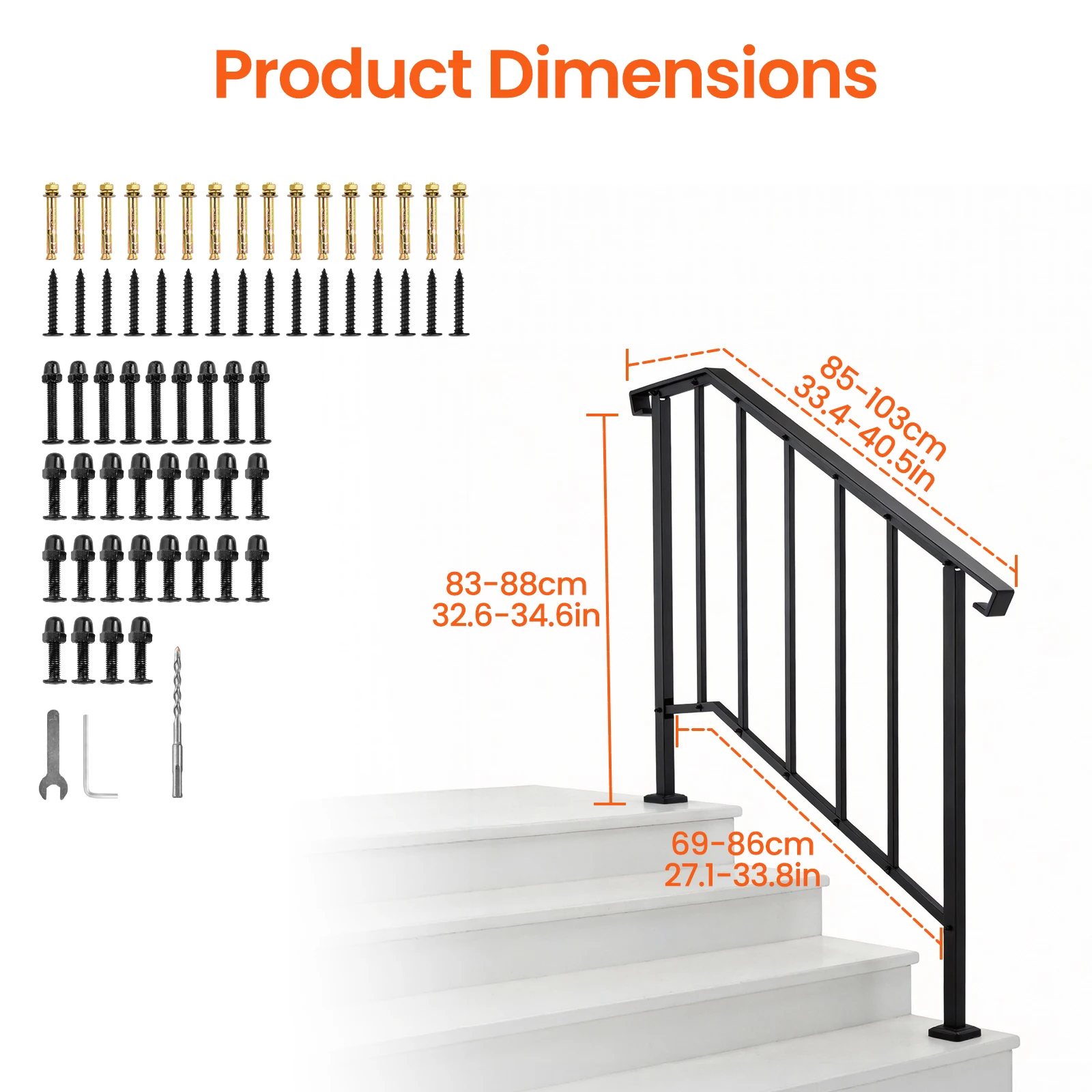 2-Pack Adjustable Outdoor Step Handrail for 3-4 Steps, Carbon Steel Stair Railing with Curved End and Balusters, Anti-Slip Porch Railing Kit for Elderly Children, Easy Install Exterior Handrails for Concrete Patio Garden Stairs