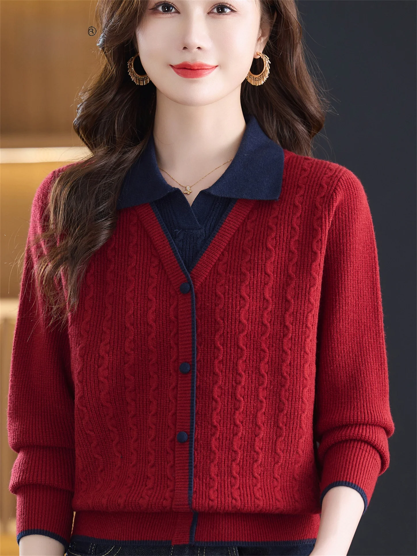 

Faionable ort Трикотажный шерстяной воротник Одежда для мам среднего возраста и ли Весна Осень Новый цельный Sle