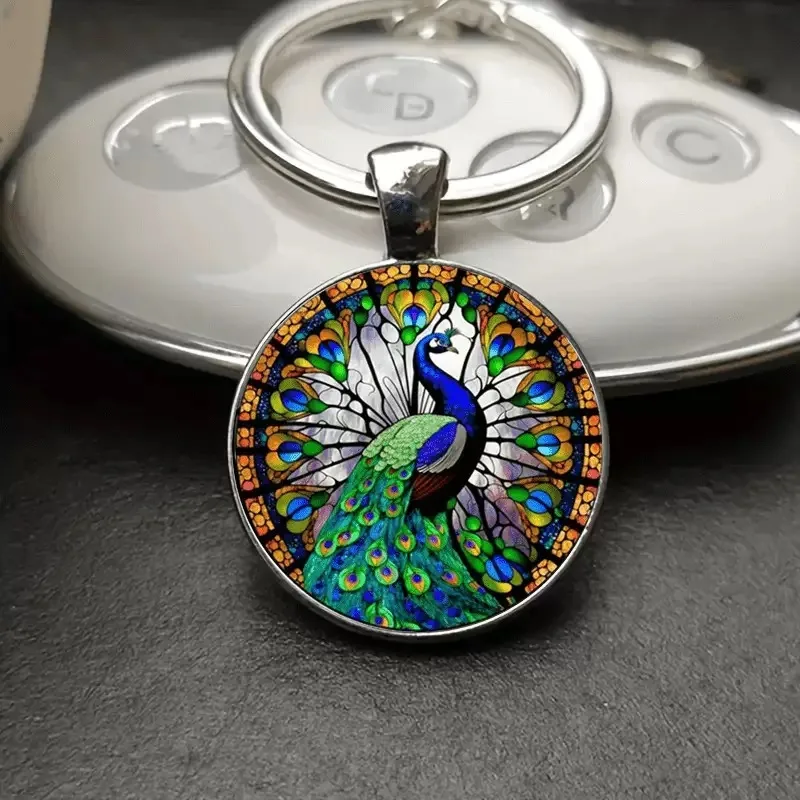 

Premium 2D Flat Glass Keychain Unisex Apparel Accessories Peacock Tree Of Life Backpack Key Hanging Trinket Holiday Perfect Gift