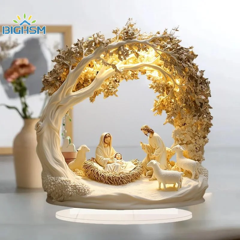 Desktop Decor Family Statue Jesus Tree Of Life Newborn Acrylic Flat Plate Desktop Ornaments Home Decorations