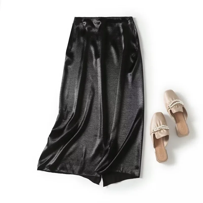 Maxdutti Southern French Elegant Satin Women's Skirt Woman Clothing High Waist Faldas Texture Straight Skirts Female Clothing