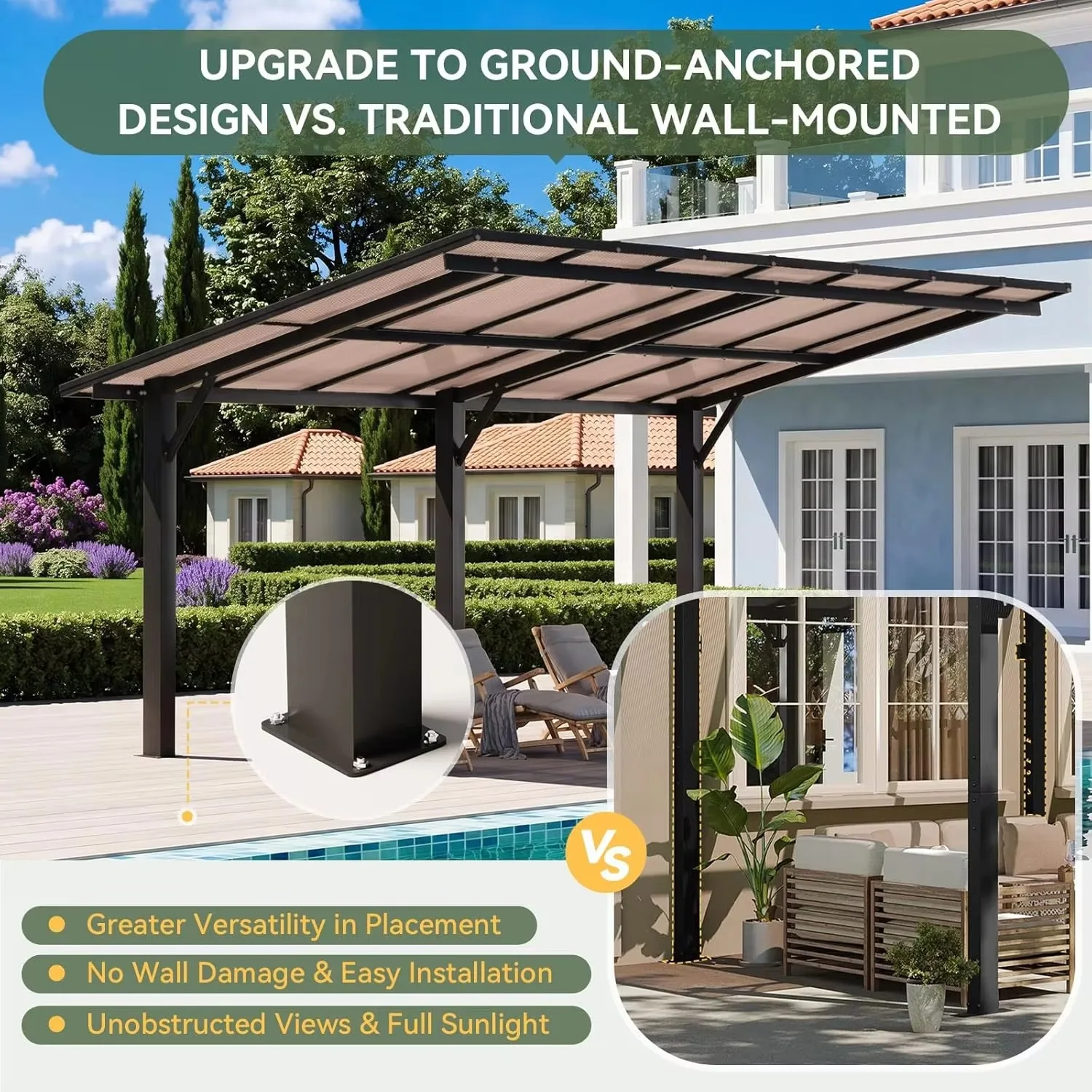 Any Size Custom Aluminum Carport With Polycarbonate Roof Heavy Load Waterproof UV Resistant Outdoor Parking Gazebo view 3