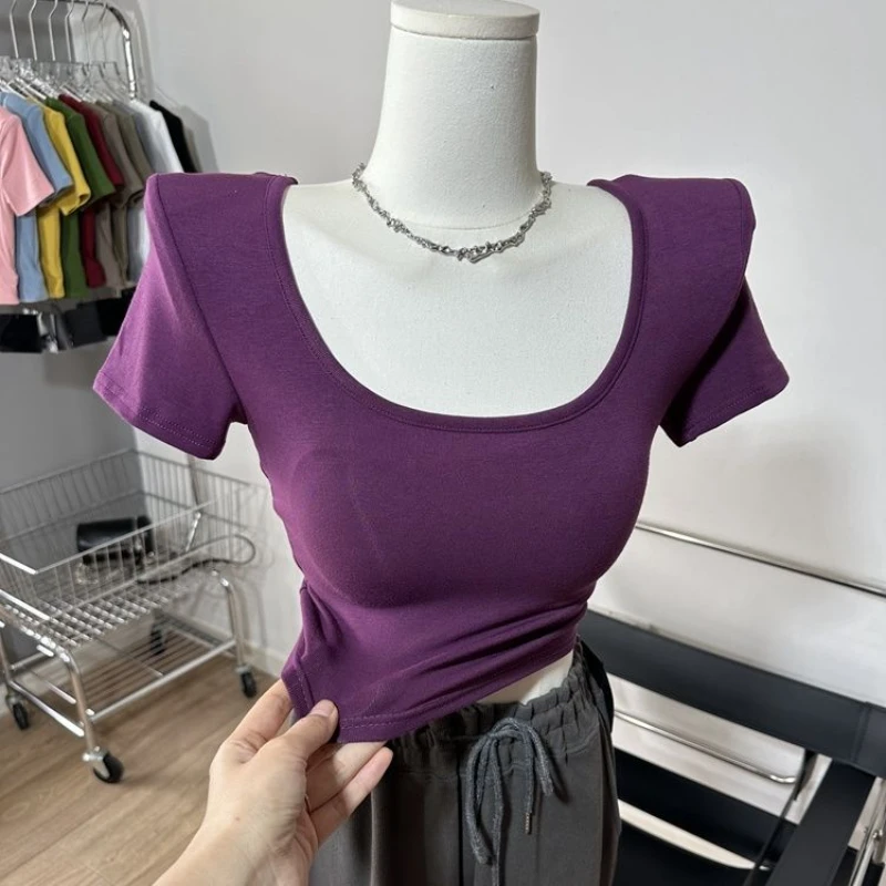 Wholesale Scoop Neck Short T Shirts for Women Shoulder Pads Basic Slim T Shirt Women 2024 Spring Summer Crop Top Solid T Shirt