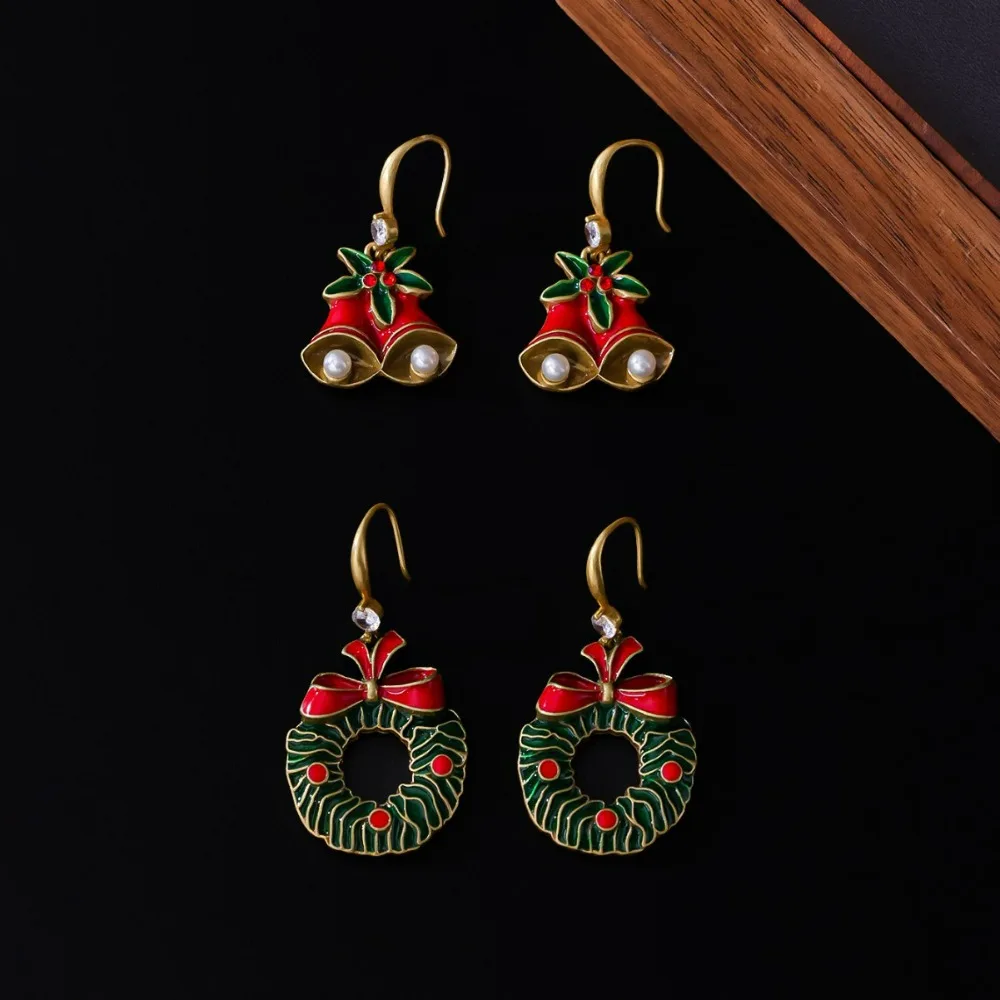 

High-end Enamel Classic New Year Christmas Bell Earrings, Retro Medieval Palace Style Design Fishhook Earrings Zircon Earrings