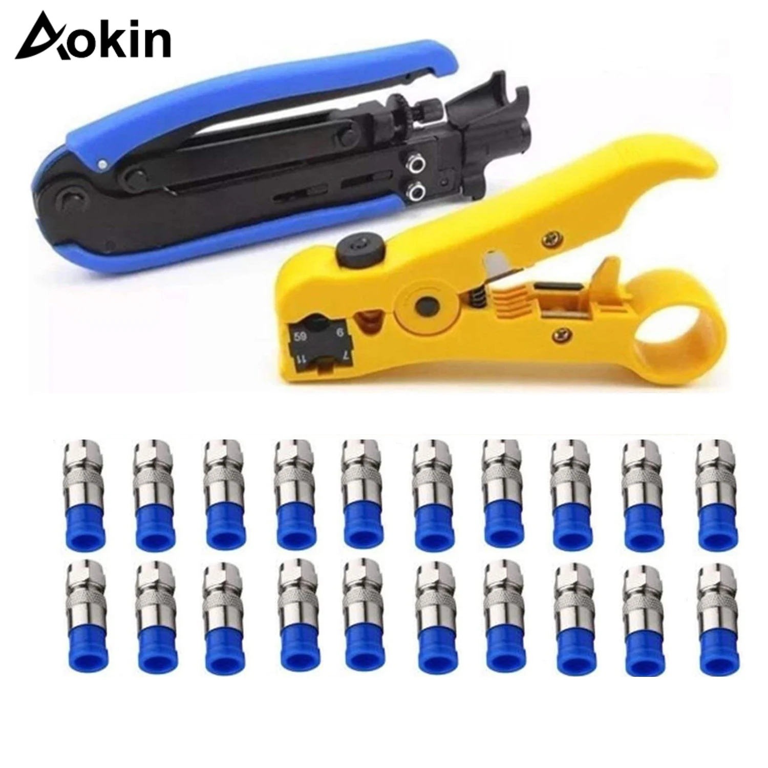 Coax Cable Crimper Kit for rg6 rg59 Compression Stripping for Coaxial Cable with 20pcs RG6 Connectors Wire Crimping Tool Kit