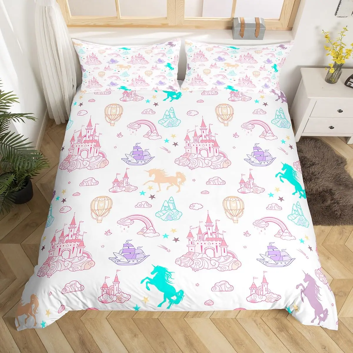 Imagem -05 - Princesa Cartoon Castle Bedding Conjunto para Meninas Capa Rosa Consolador Microfibra Duvet Dreamy Cover Fairy Tale Kids Bedroom Decor