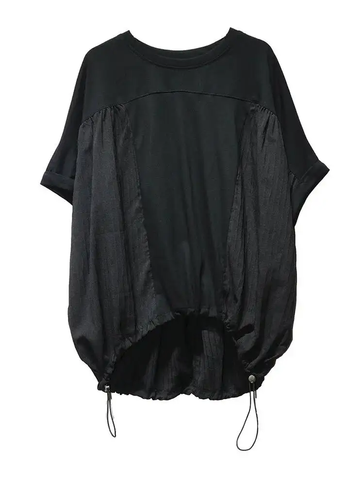 Black Drawstring Women Big Size T-shirt New Round Neck Short Batwing Sleeve Fashion  Spring Summer 2026 8707 view 5