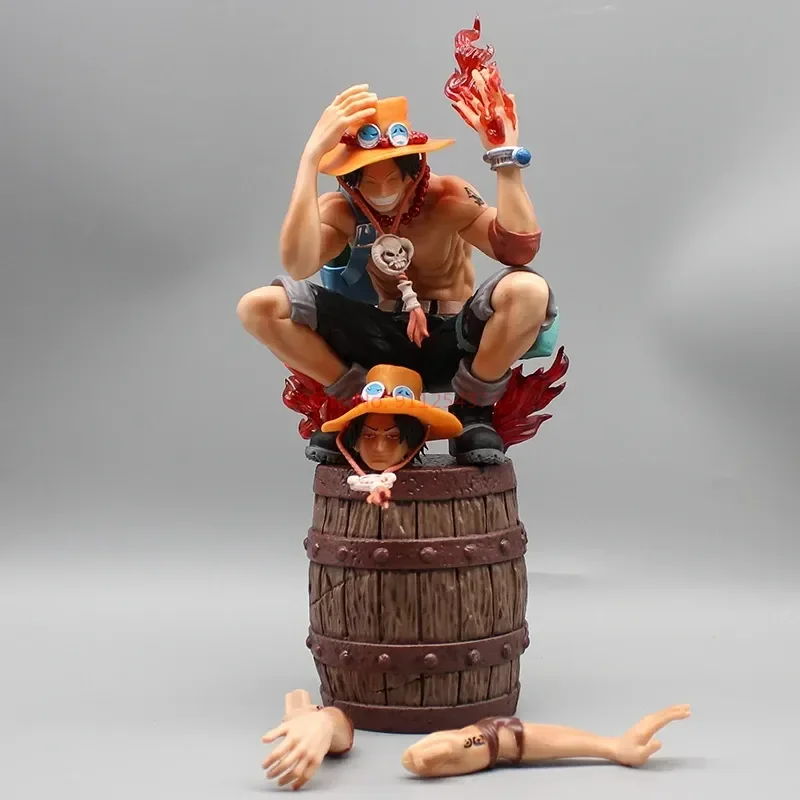 One Piece Wine Barrel Squatting Flame Portgas D Ace Gk Pvc Anime Action Figures Headed Interchangeable Collectible Decorate Mode