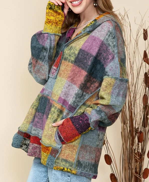 Fleece warm hoodie women's multi-color plaid loose fitting pullover