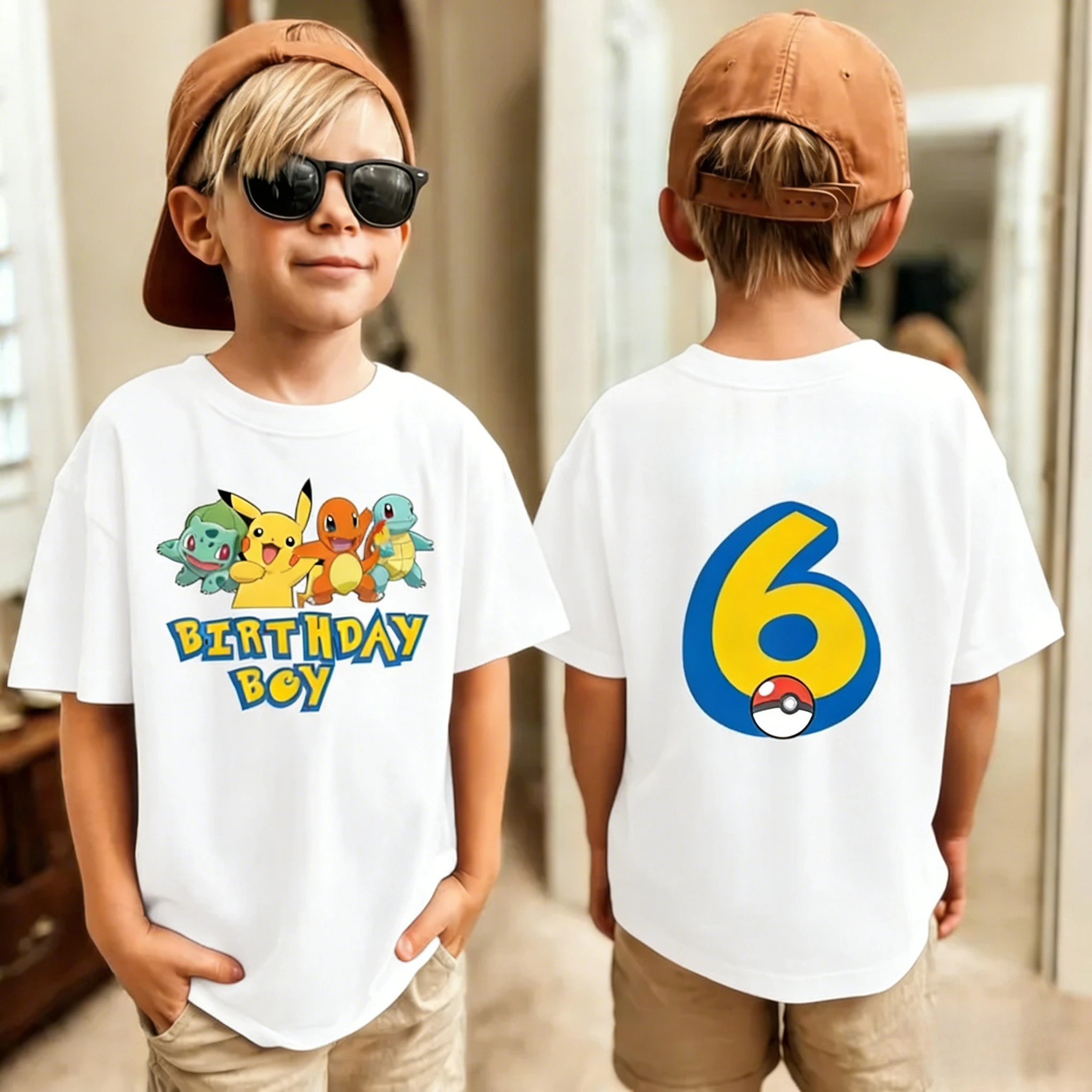 Geburtstags-T-Shirt, süßes Pikachu Pokémon 3-9 bedrucktes T-Shirt, Unisex, Sommer, Y2K, Harajuku, lockere Kurzarm-Eltern-Kind-Kleidung – Detail 12