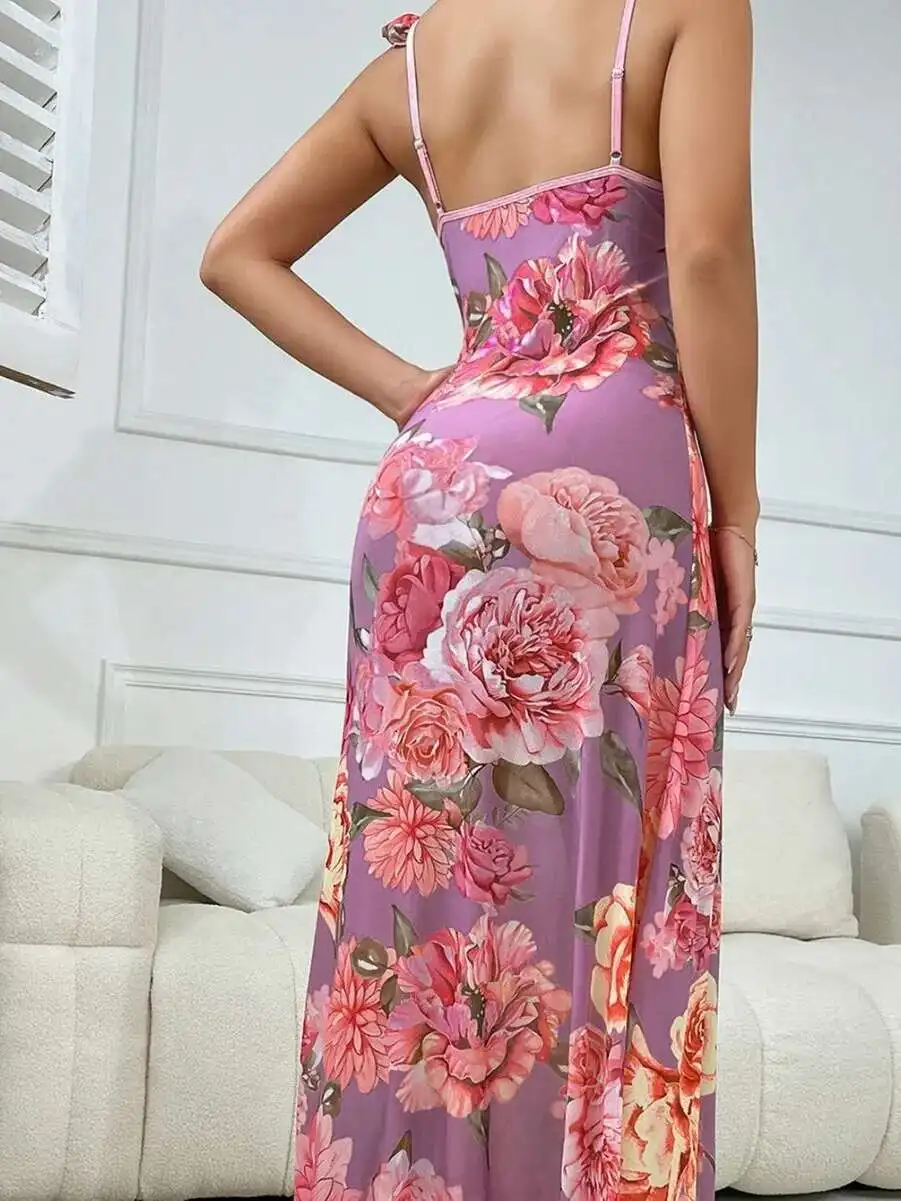 Słodkie długie sukienki Gorące seksowne koreańskie topy damskie 2025 Nowa szata Seksowna sukienka na ramiączkach Elegancka koszula nocna z nadrukiem Nowy różowy kwiat TJY2