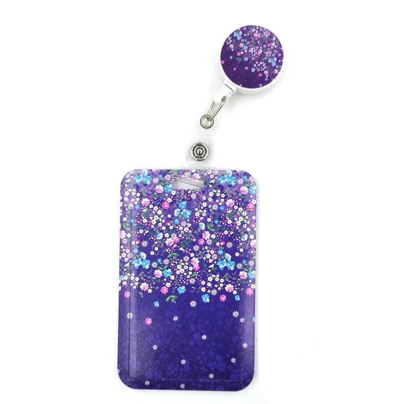 Purple Flowers Retractable Badge Lanyard Nurse ID Business Work Card Badge Holder Office Student Clips Card Cover Holder Bag