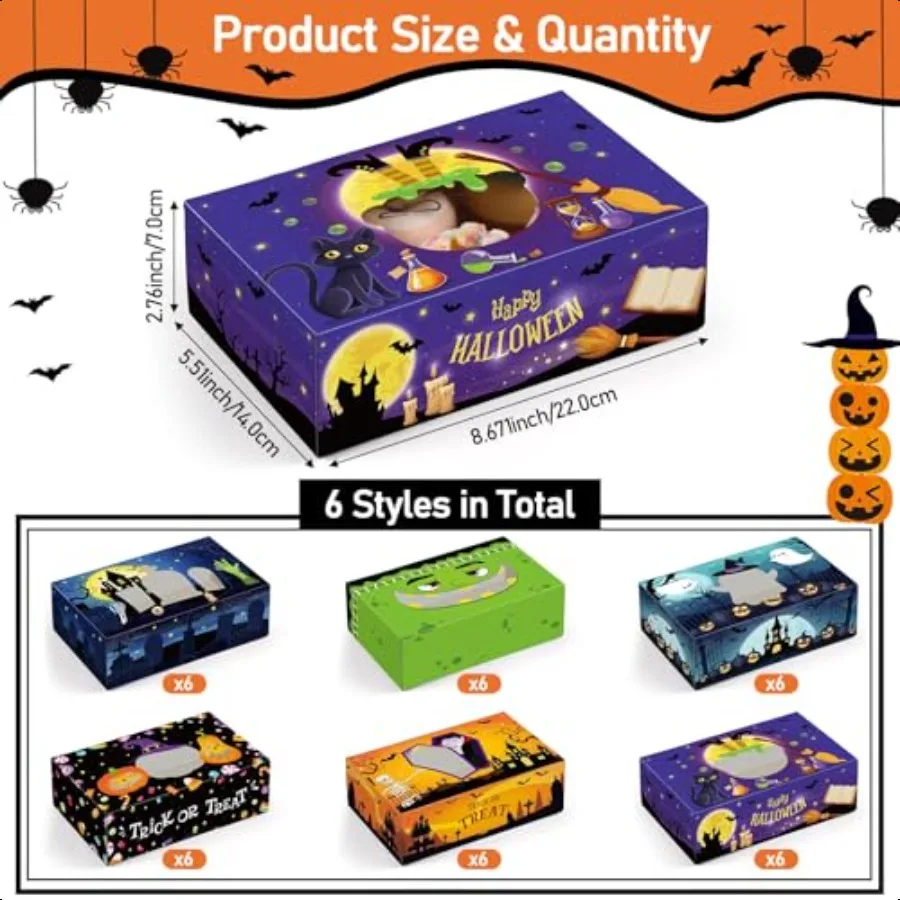 36 Pcs Halloween  Boxes with Window 8.7 x 5.5 x 2.8 Inch Halloween Treat Boxes Bulk Cupcake Candy Dert Containers for Bakery Pa