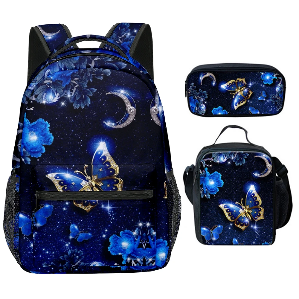 Trendy Youthful Beautiful butterfly 3D Print 3pcs/Set School Bags Laptop Daypack Backpack Crossbody Lunch bag Pencil Case