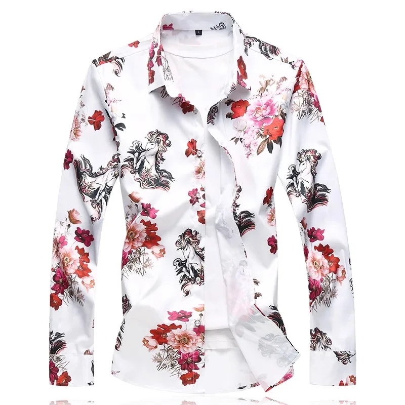 2024 New Men Business Social Flower Shirt Black / White Fashion Male Bar KTV Casual Long-sleeved Shirts