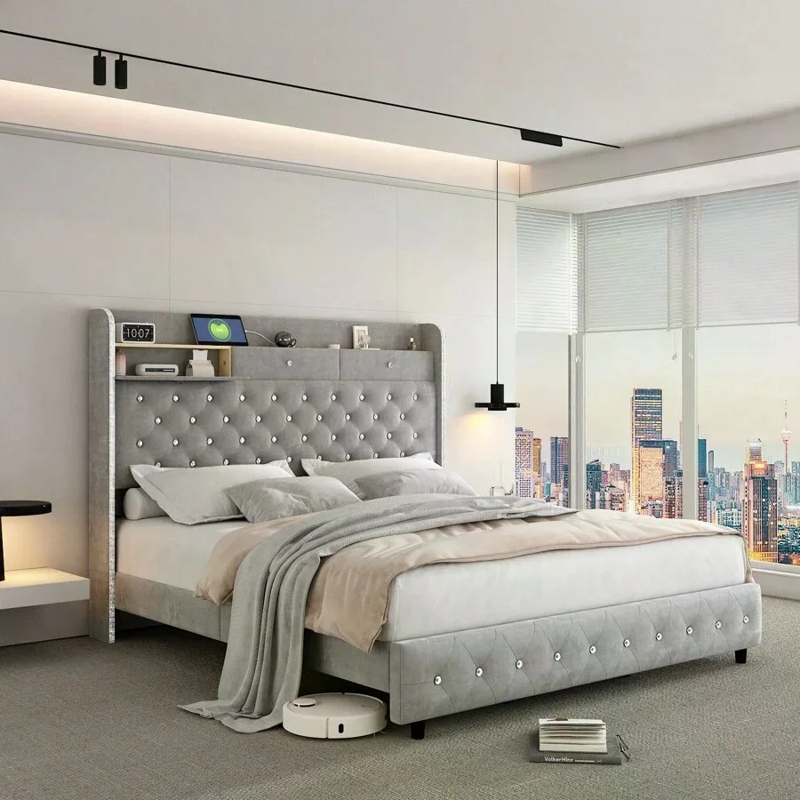LED Bed Frame Full/Queen/King Size With Galaxy Aurora Star Projector, 52