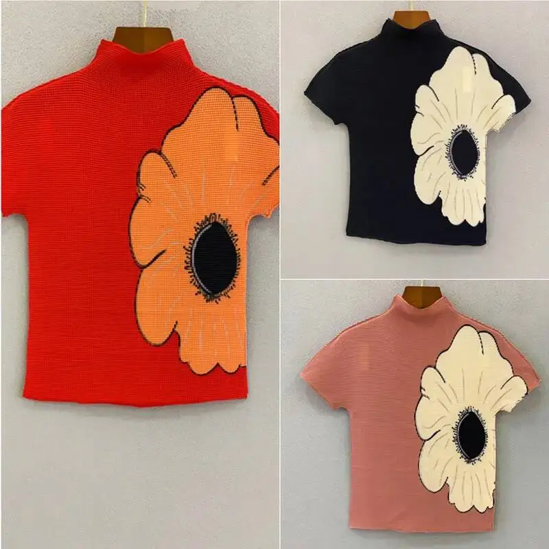 T-shirt Fold Flower 2025 Summer Thin Short Sleeve Top Slim Stretch Print Casual T-shirts For Women New Arrivals U7DZ