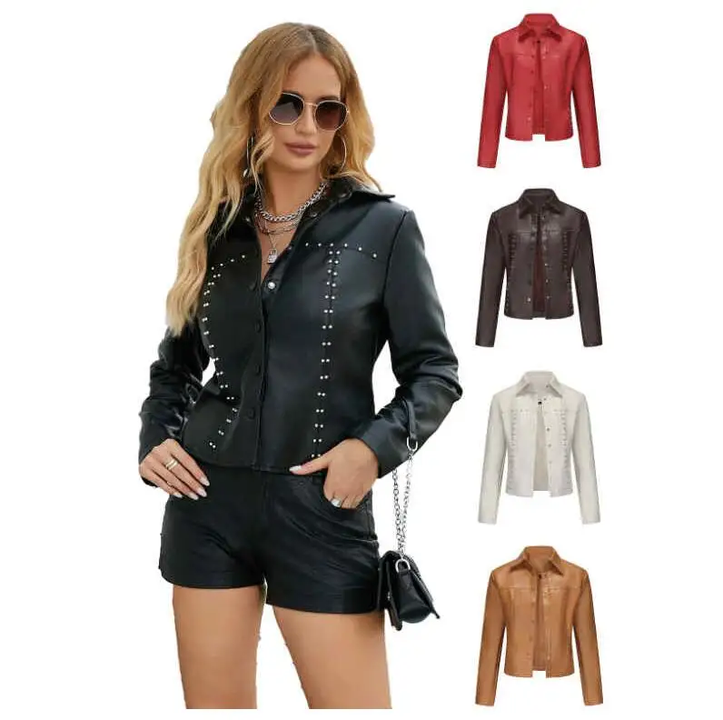 Women Rivet Decoration Leather Jacket Cardigan Buttoned Styles Faux Leather Top Clothing