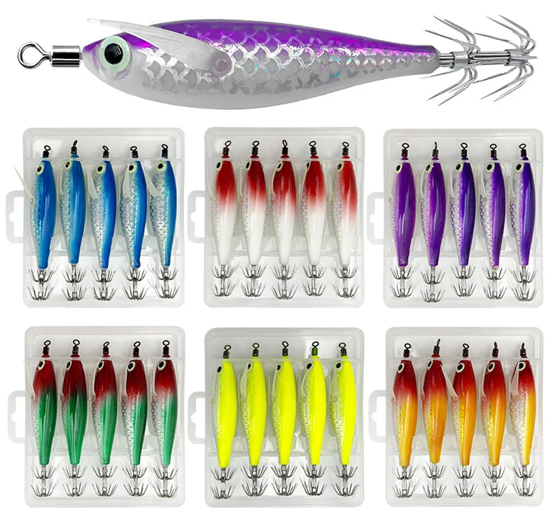 ShareShark 5 Stück/Box Tintenfisch-Jig-Köder 8cm 5,6g UV-Leuchtender Garnelenköder Horizontaler Kunstköder für Tintenfische, Oktopus, Salzwasser – Detail 1