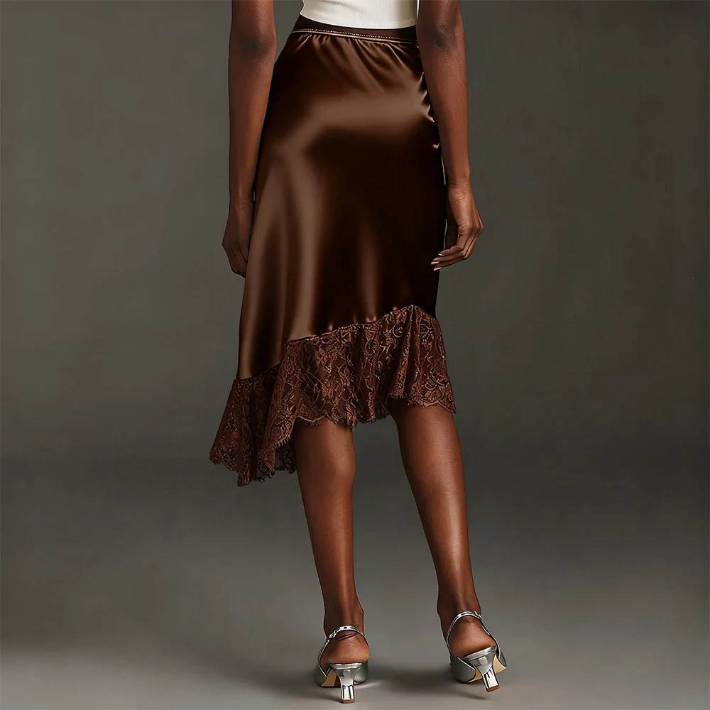 

Women's y2k Vintage Satin Lace Patchwork Midi Skirts Elegant Solid Color Asymmetric Hem Loose Fit Knee Length Skirts Club Party