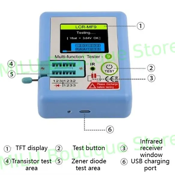 MF9 TFT 1.8-inch color screen high-precision multi-function transistor tester high battery life rechargeable automatic shutdown